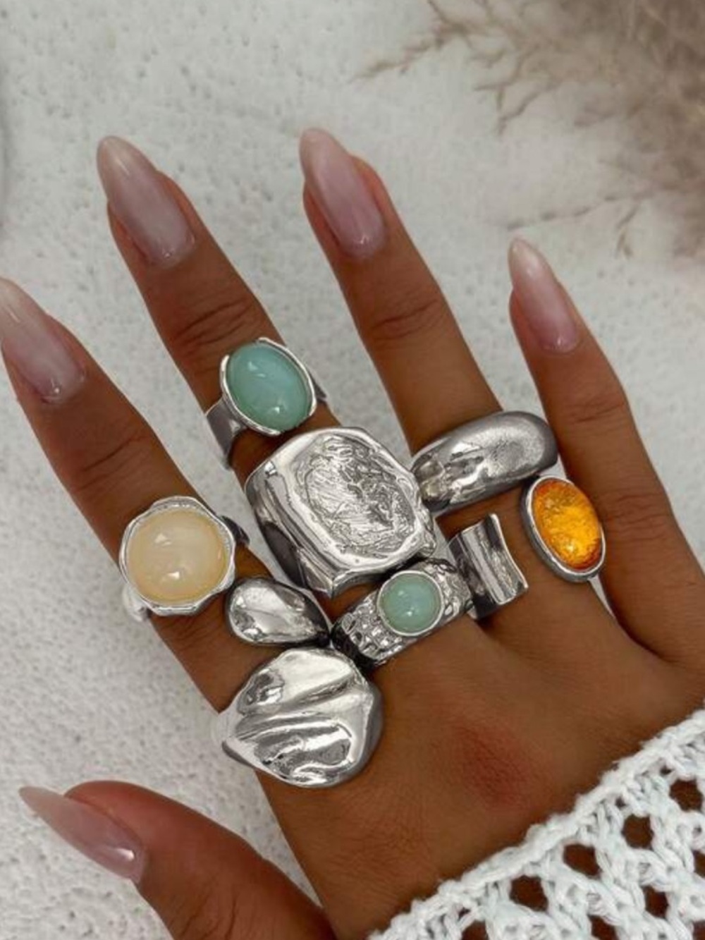 7pc Silver Multi-Stone Statement Ring Set - Pastel Stones